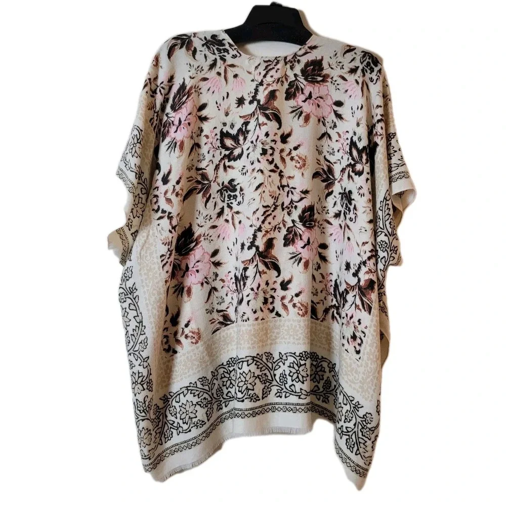Nine West Rayon shawl Wrap Pink Floral womens OS Boho fringe dressy Casual Scarf